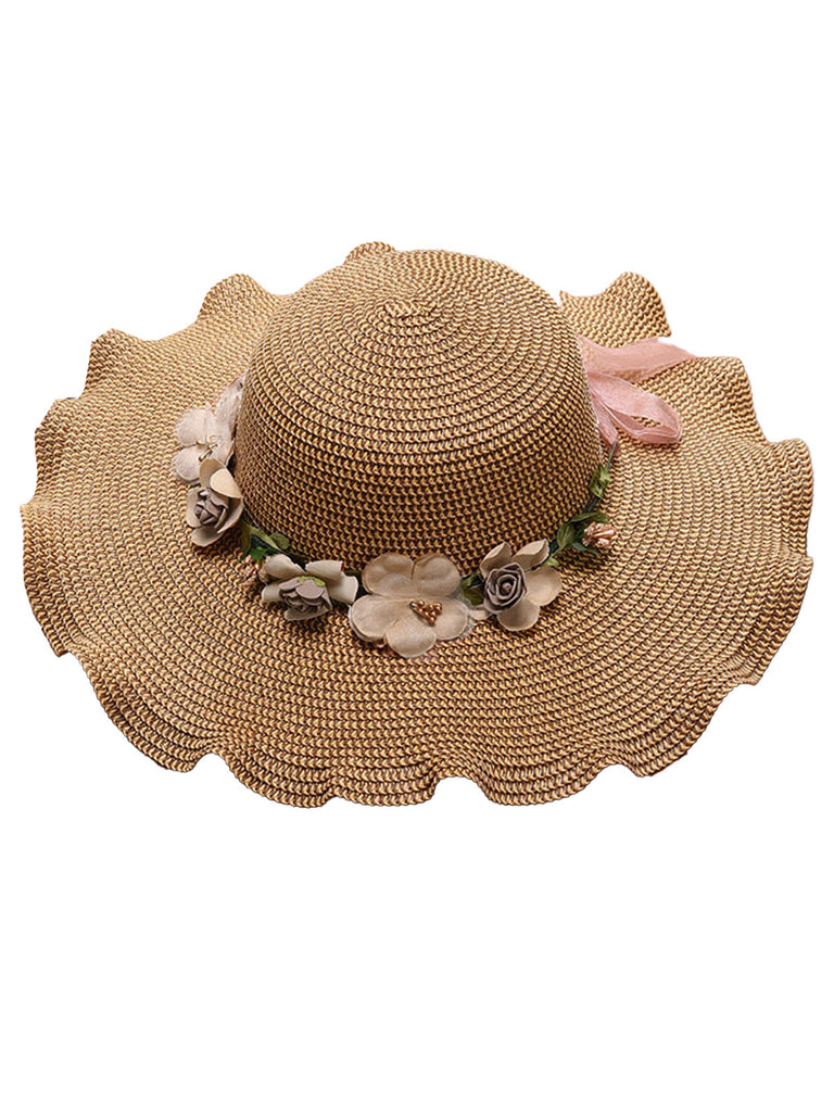 Vintage 3D Blumen Raffia Fransen Krempe Sonnenhut