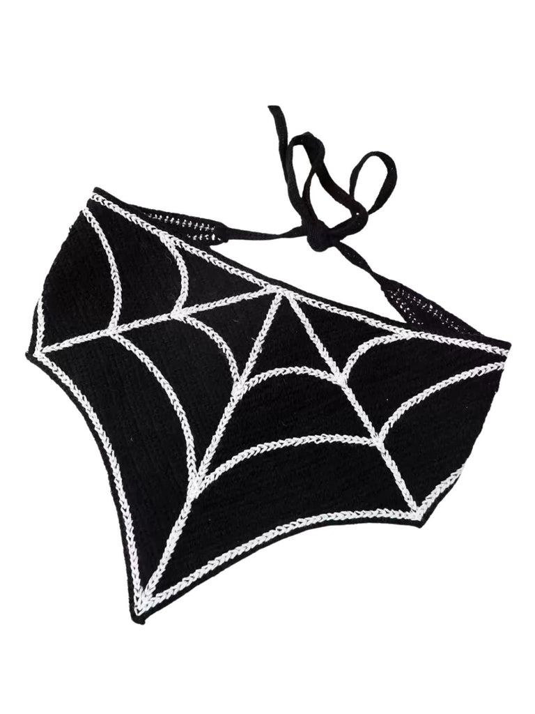 Schwarzes Halloween-Kopftuch mit Spinnennetz-Print und Bindeband