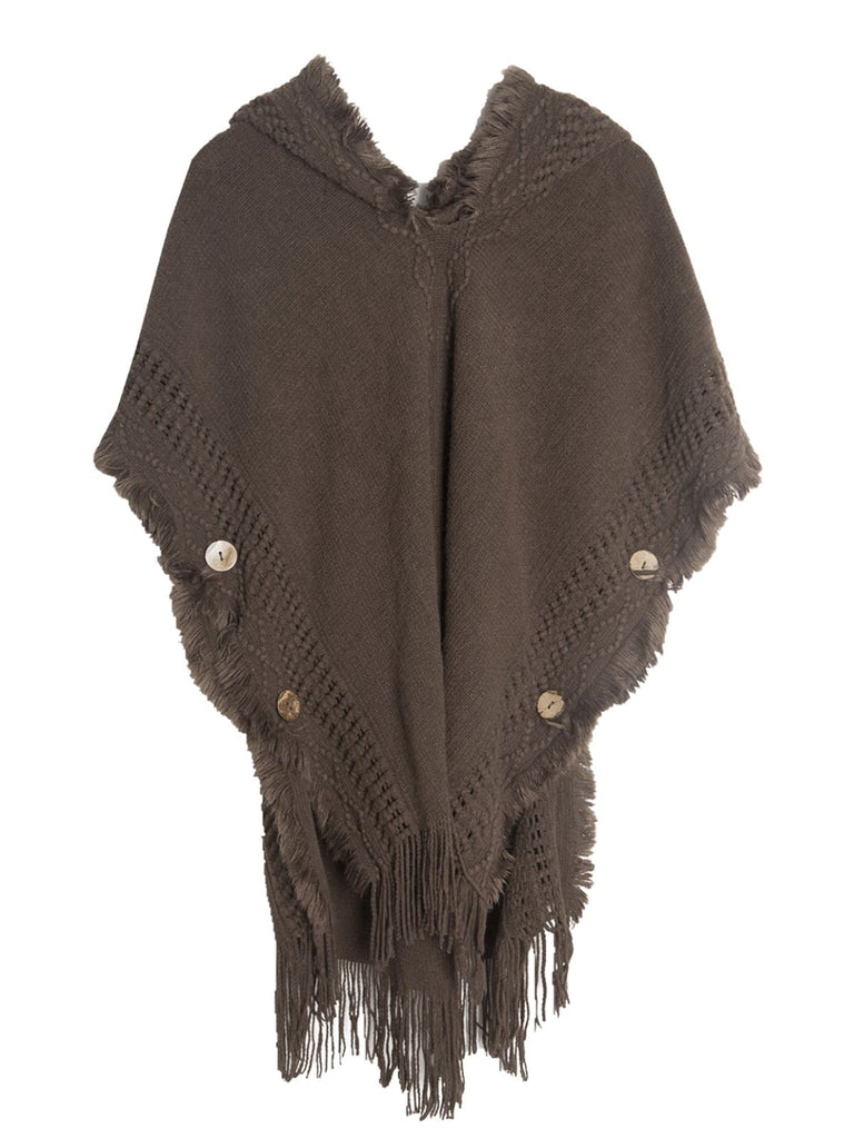 50er Boho-Strickponcho mit Kapuze, Knöpfen und Fransen