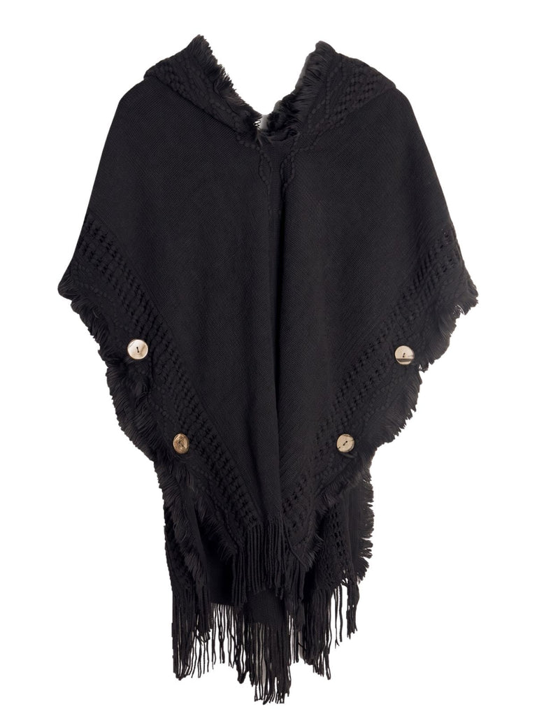 50er Boho-Strickponcho mit Kapuze, Knöpfen und Fransen