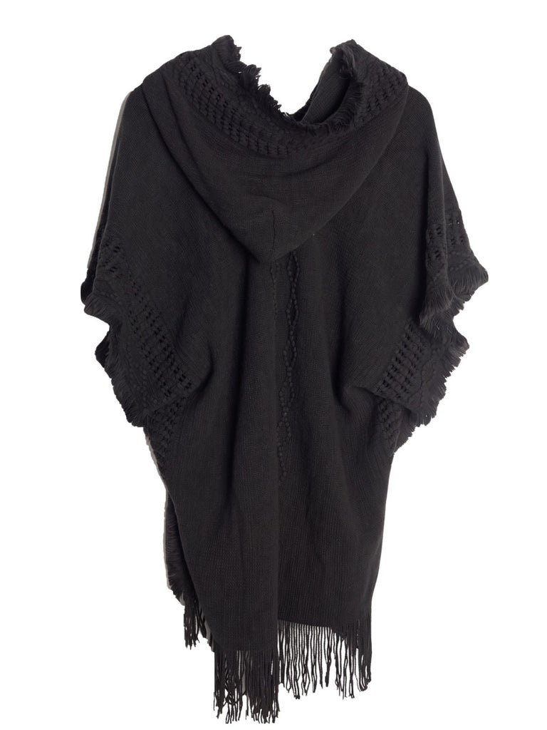 50er Boho-Strickponcho mit Kapuze, Knöpfen und Fransen