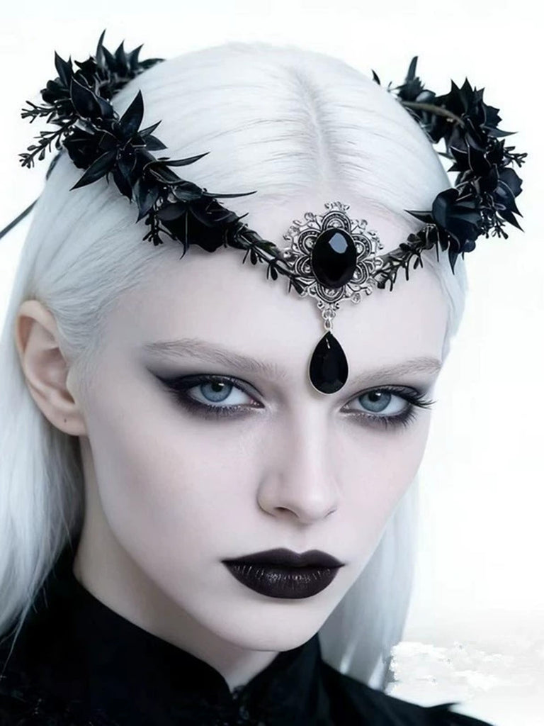 Schwarzes Gothic-Haarband mit Dornen und Edelstein