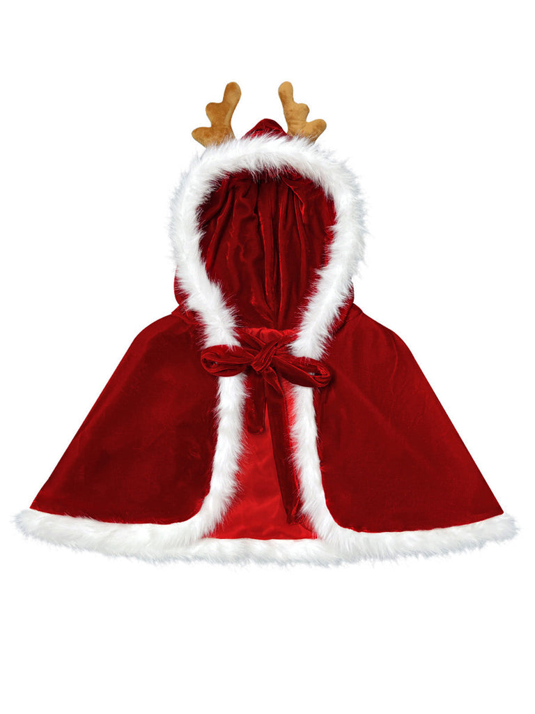 Rotes 50er Weihnachts-Cape mit Rentiergeweih und Kapuze