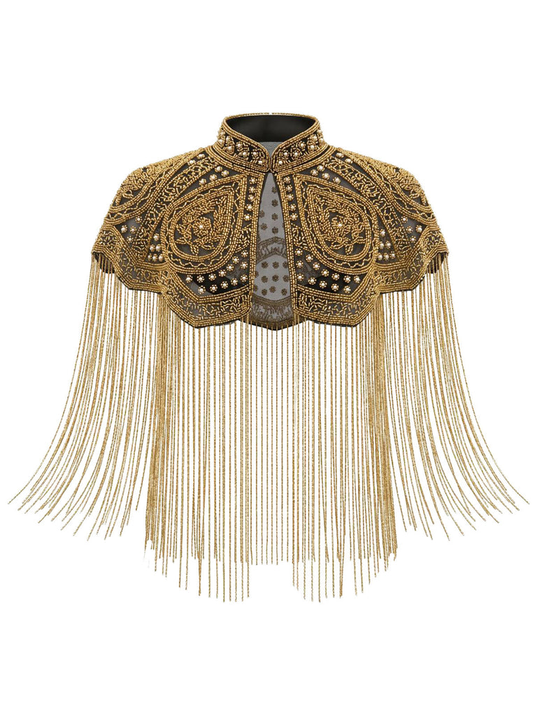 20er Gatsby-Capelet mit Stehkragen, Perlen und Fransen