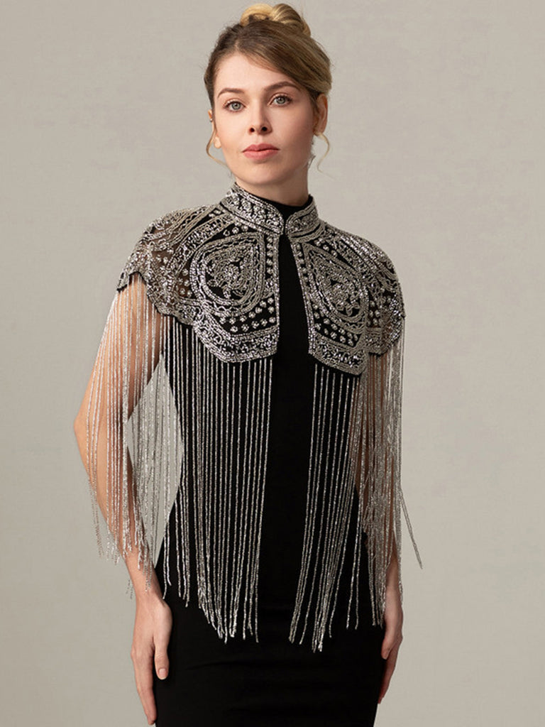 20er Gatsby-Capelet mit Stehkragen, Perlen und Fransen