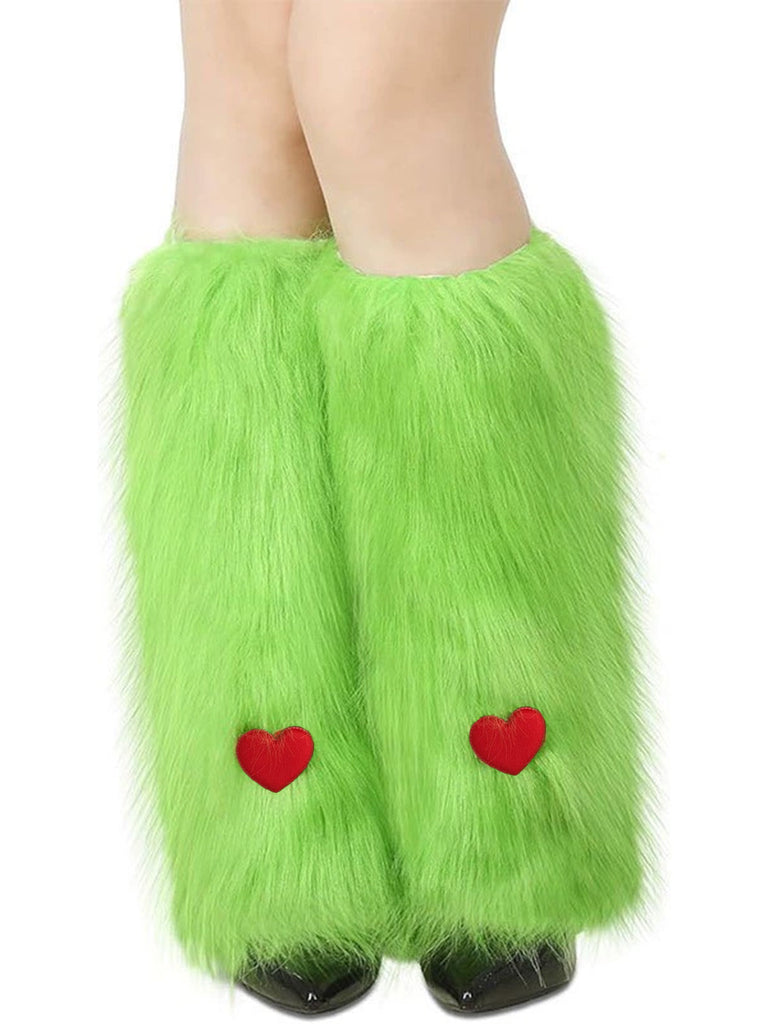 Grüne flauschige Weihnachtsmonster-Handschuhe oder Beinstulpen mit Herzpatch