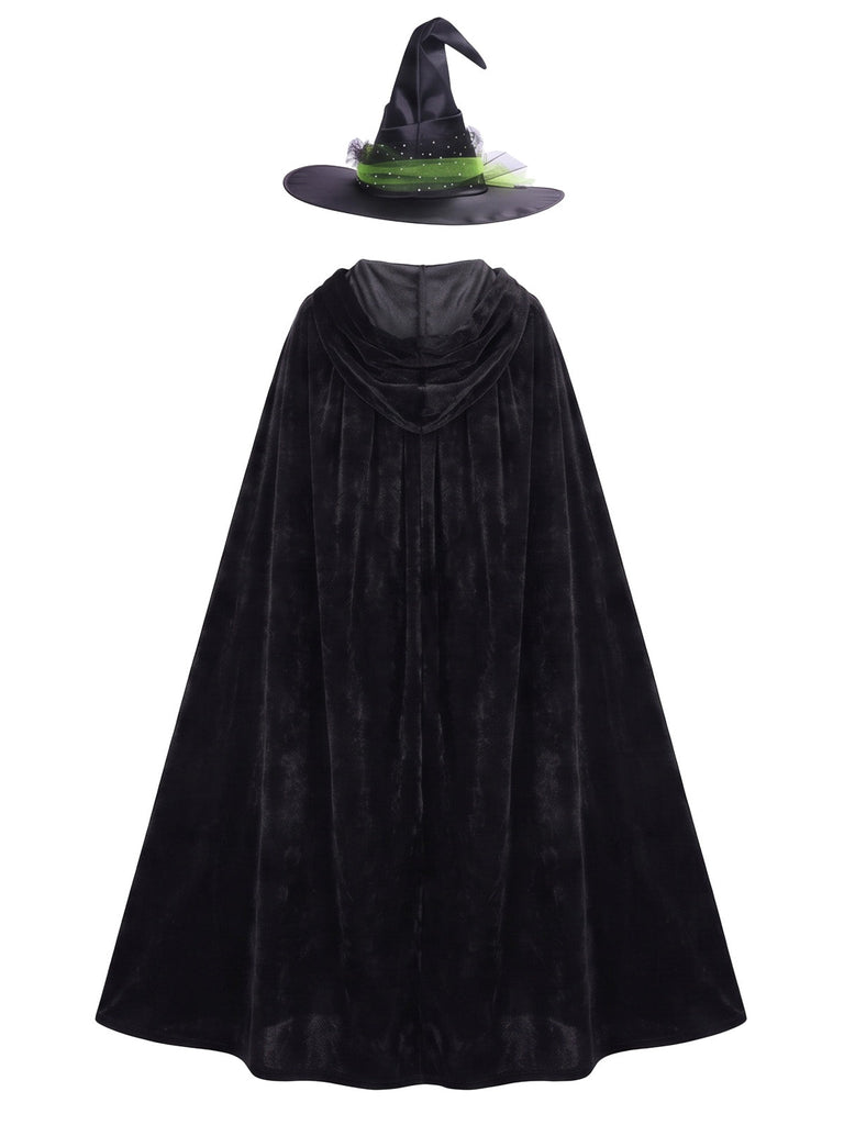 Schwarzes 80er Halloween Hexen-Cape mit Samt, Kapuze und Hut