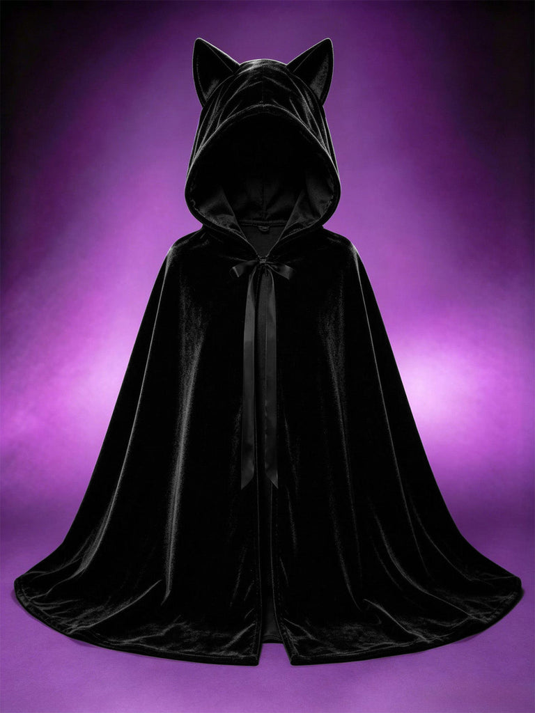Schwarzes 30er Gothic Katzen-Cape mit Plüsch und Kapuze