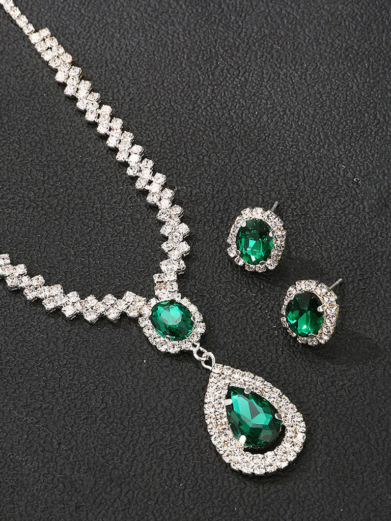 Grün Strass Smaragd-Halskette & Ohrringe Anzug