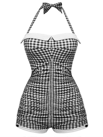 Schwarz 1950er Halter Bogen Einteiliger Badeanzug