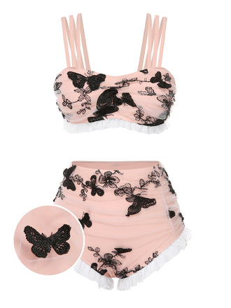Beige 1950er Netz Schmetterling Tankini Set