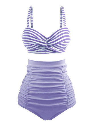 Blau Gestreiftes Farbblock Vintage Bikini Set