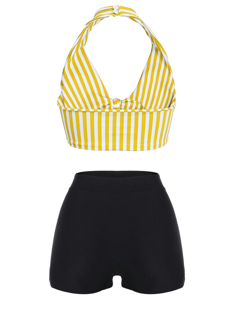 [Vorverkauf] Gelb 1950er Retro Halter Streifen Bikini Set