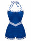 Blau 1940er Halter Patchwork Einteiliger Badeanzug