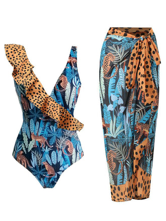 Leopard 1960er Rüschen Polka Dot Badeanzug & Cover-up