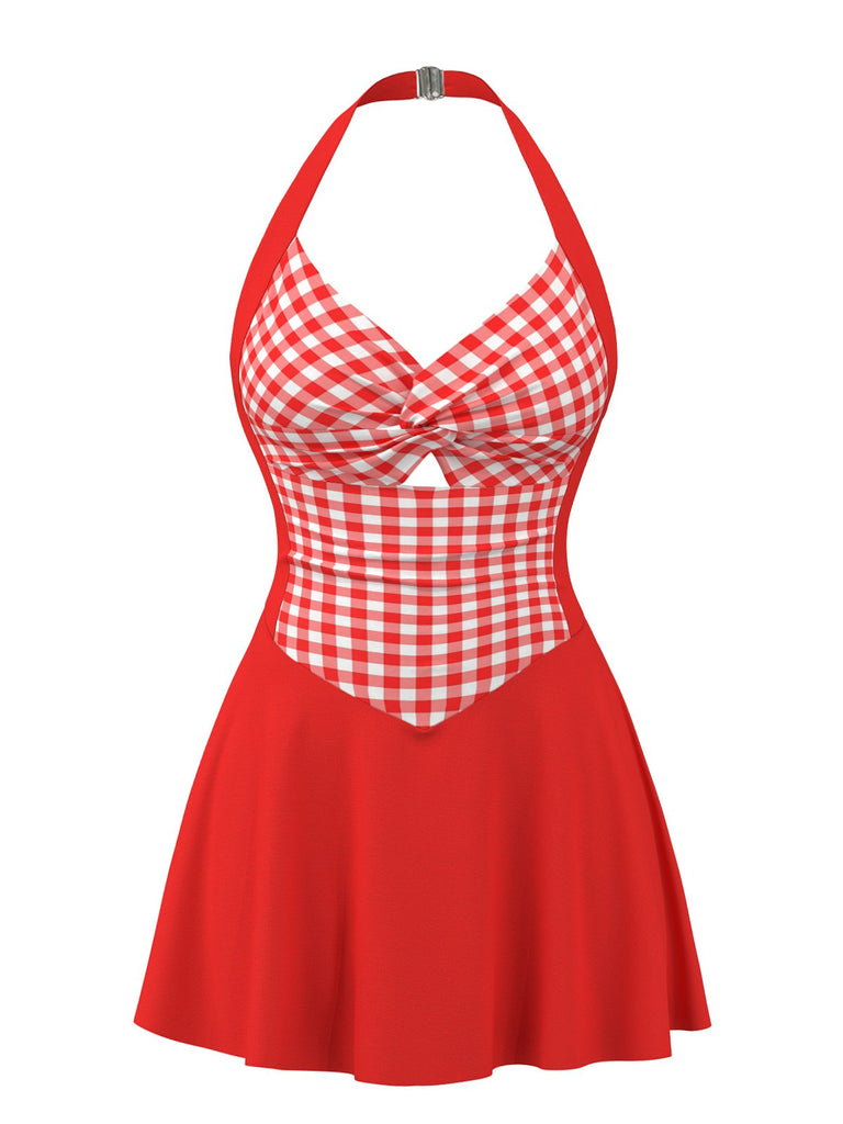 [Vorverkauf] Rot 1930er Gingham Plaid Halter Swim Kleid