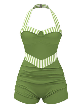 Grün 1940er Streifen Patchwork Halter Badeanzug