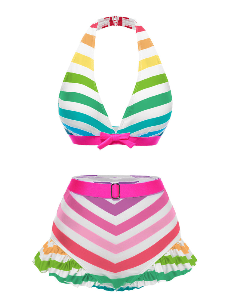 Schwarz 1950er Kontrast Bogen Rüschen Streifen Bikini