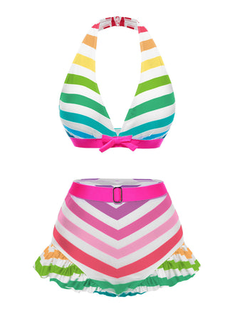 Regenbogen 1950er Kontrast Bogen Rüschen Streifen Bikini Set