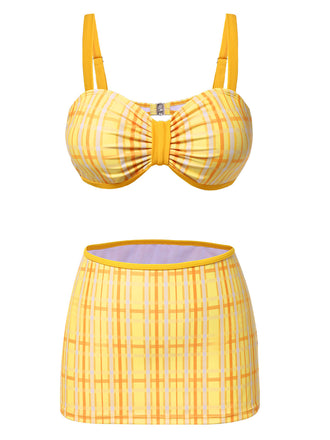 3PCS Gelb 1950er Plaid Bikini Set