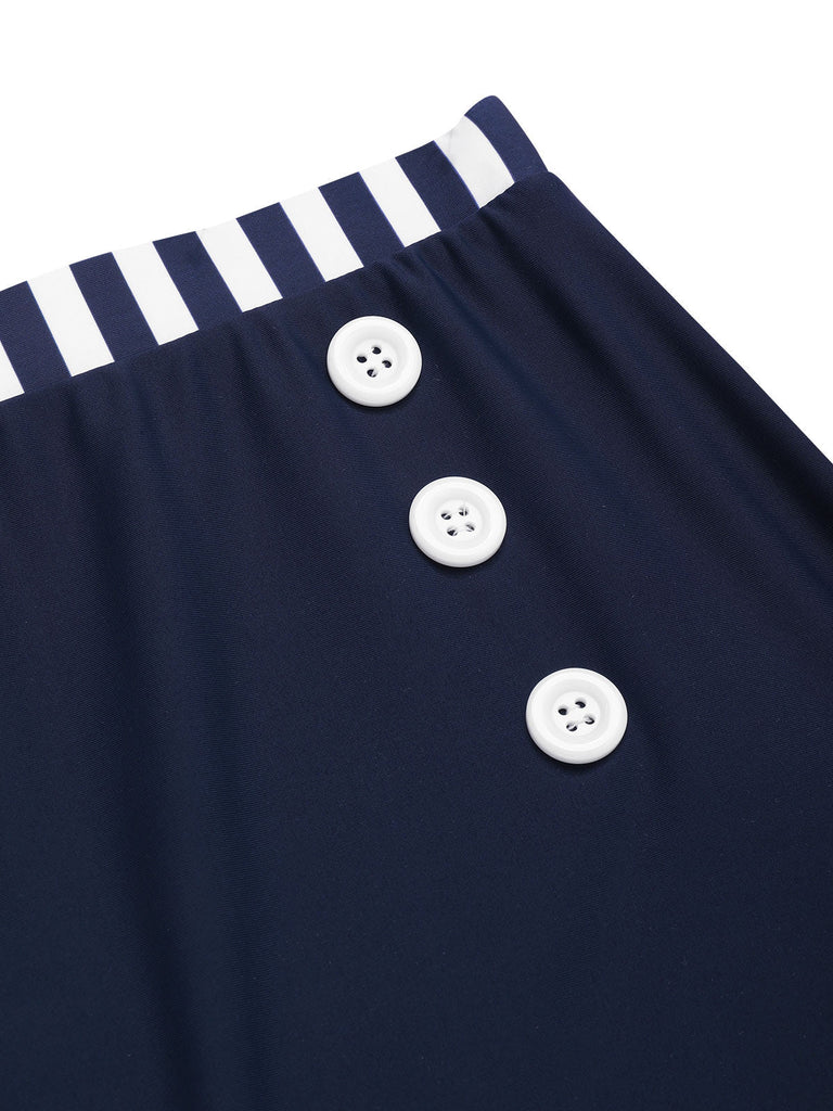 Blau 1940er Marine-Stil Patchwork Badeanzug