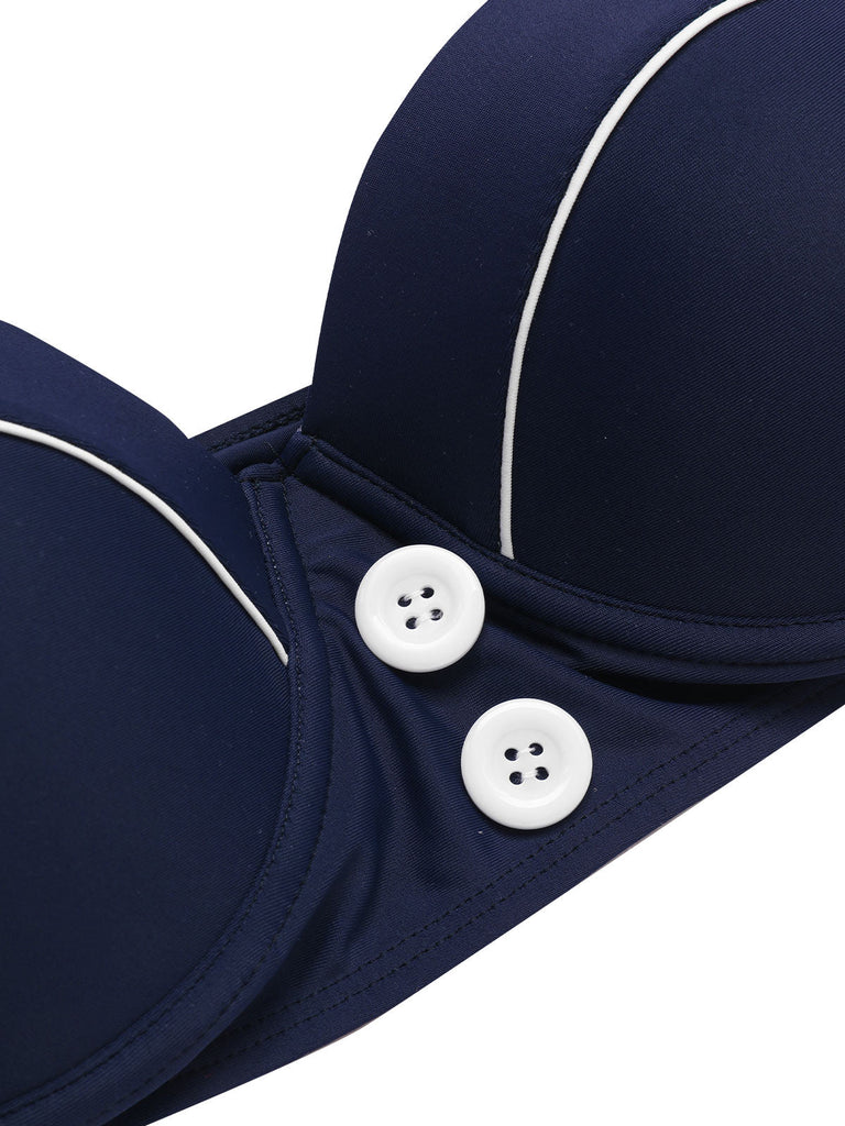 Blau 1940er Marine-Stil Patchwork Badeanzug