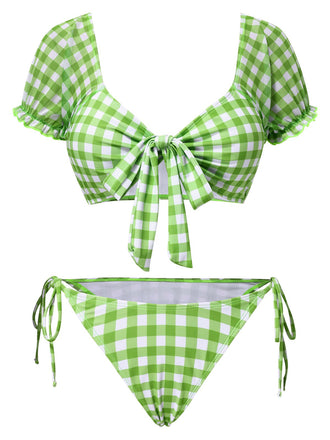Grün 1960er Gingham Puffärmel Bikini Set