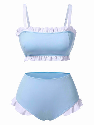 Blau 1950er Rüschen Träger Badeanzug