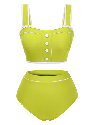 Grün 1930er Träger Hohe Taille Taste Badeanzug