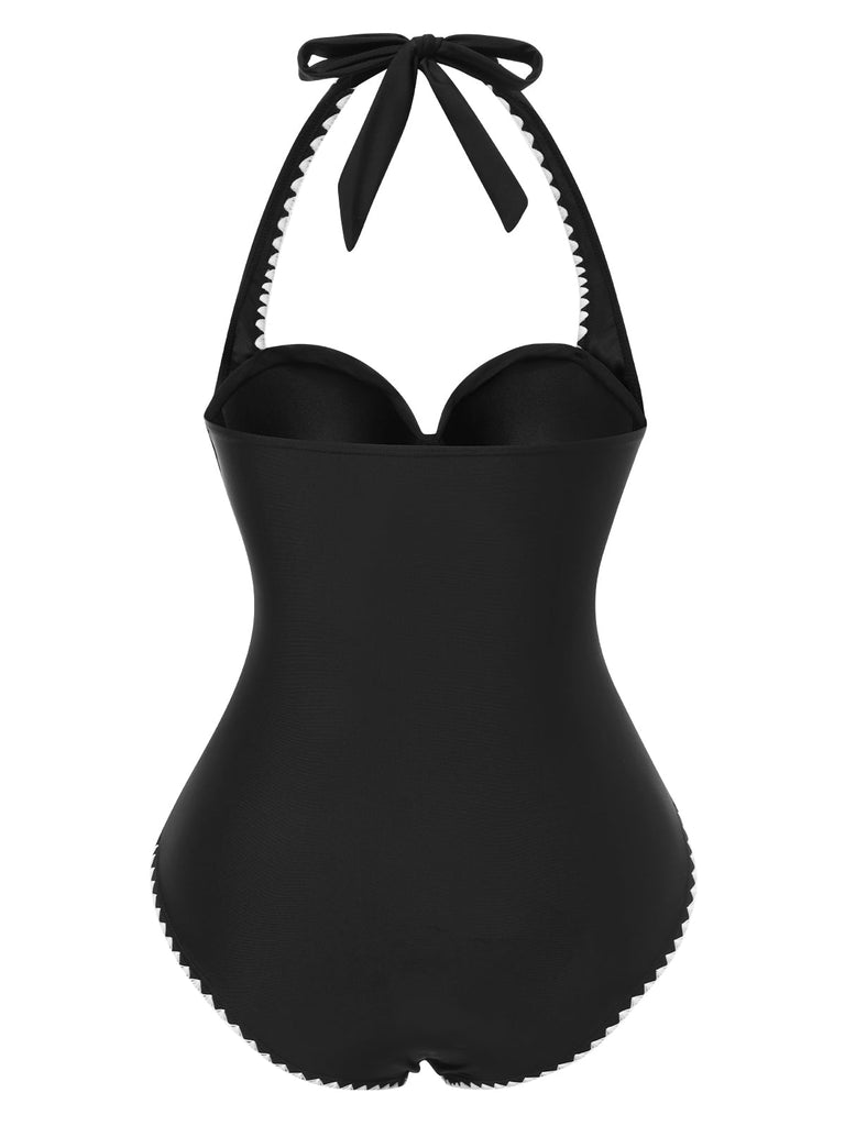 Schwarz 1950er Halter Weiße Gezackte Kanten Badeanzug