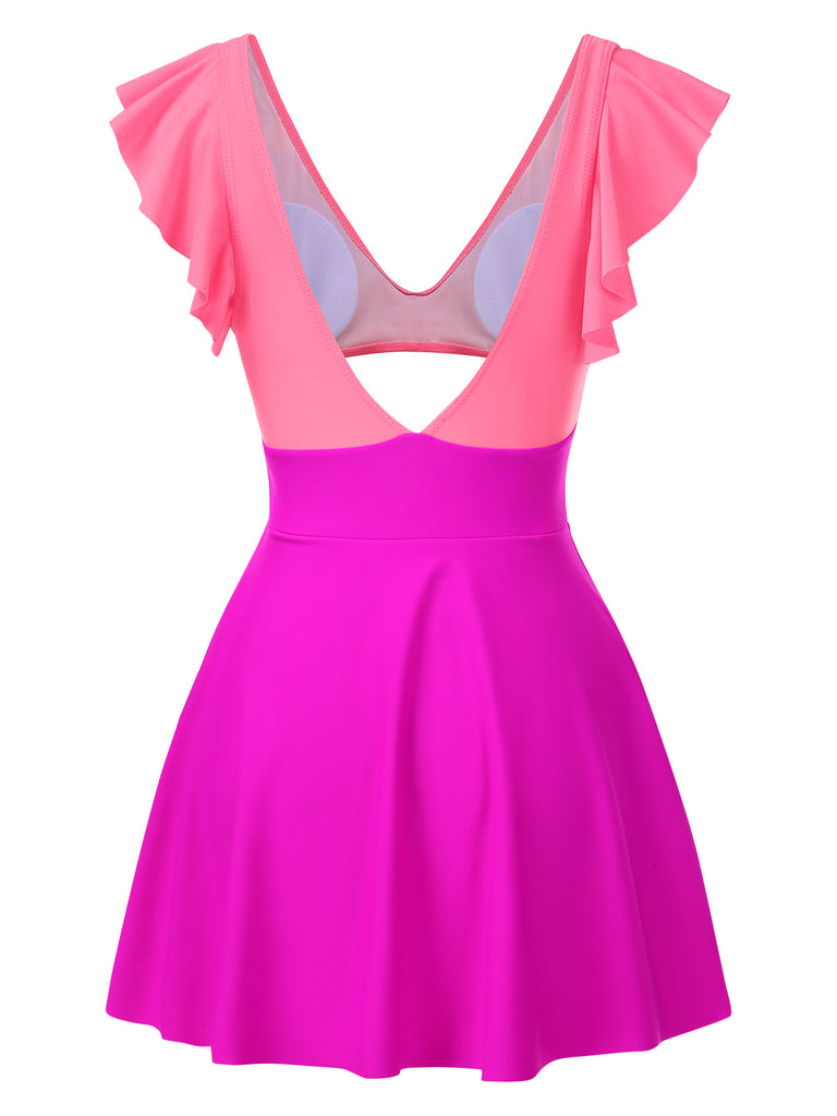 1930er Solide Rüschen Hohl Patchwork Badekleid