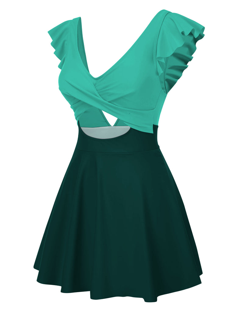 1930er Solide Rüschen Hohl Patchwork Badekleid