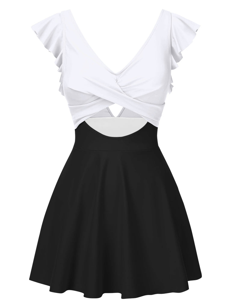 1930er Solide Rüschen Hohl Patchwork Badekleid