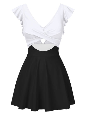 1930er Solide Rüschen Hohl Patchwork Badekleid