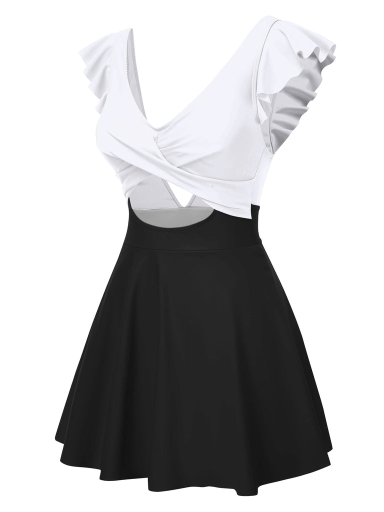 1930er Solide Rüschen Hohl Patchwork Badekleid