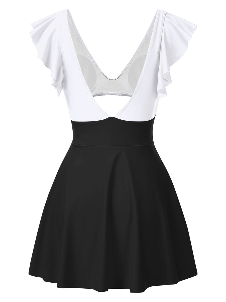 1930er Solide Rüschen Hohl Patchwork Badekleid