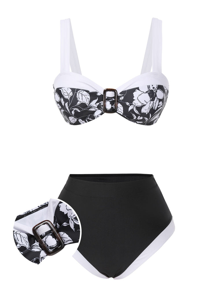 Schwarz 1940er Hepburn Silhouette Blumen Bikini Set