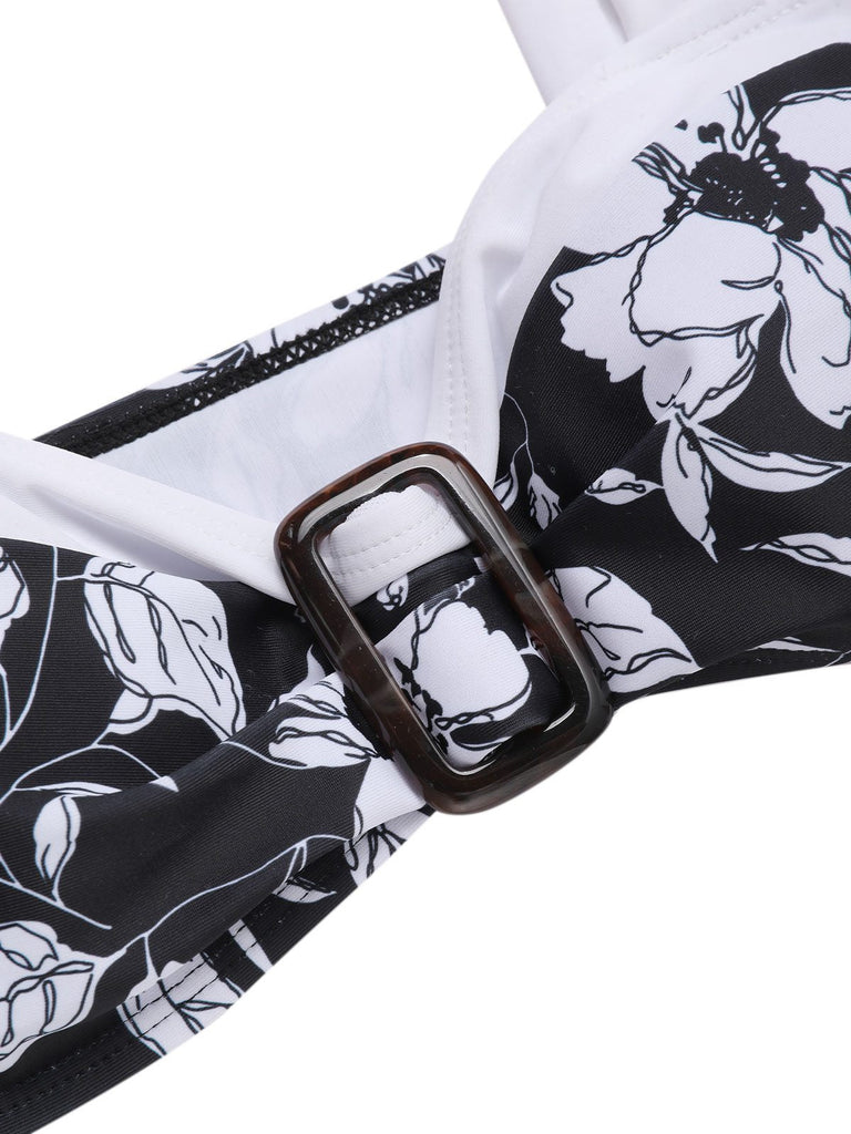 Schwarz 1940er Hepburn Silhouette Blumen Bikini Set