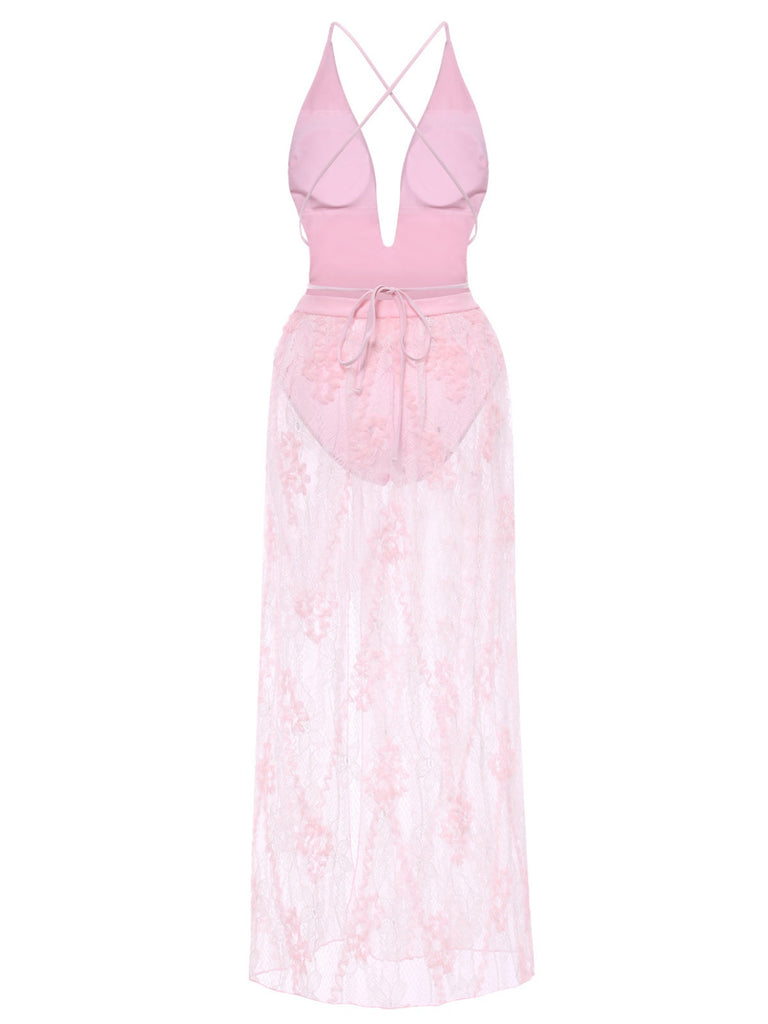 2PCS 1940er Tief-V Badeanzug & Spitze Cover-Up