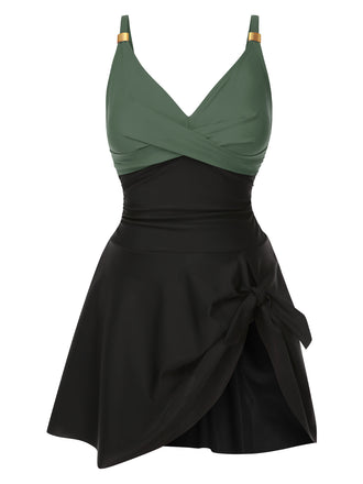 Grün 1940er Rüschen Patchwork Twist Badekleid