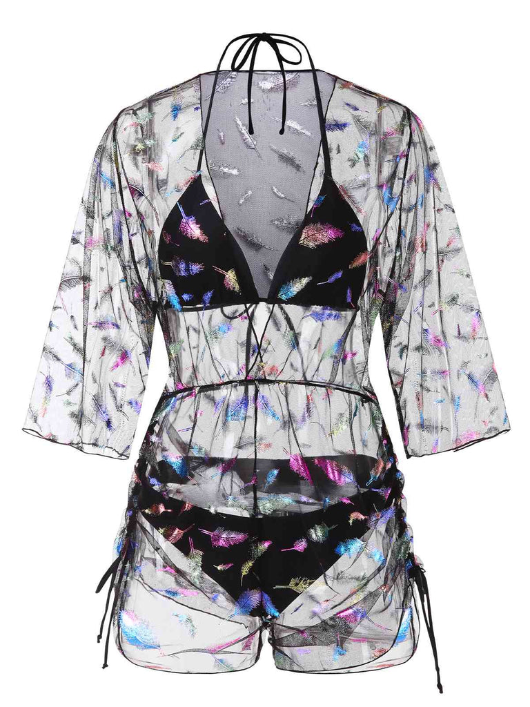 2PCS Schwarz 1940er Schnürung Feder Bikini Set & Cover-Up