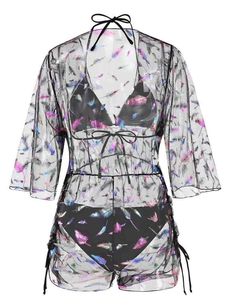 2PCS Schwarz 1940er Schnürung Feder Bikini Set & Cover-Up