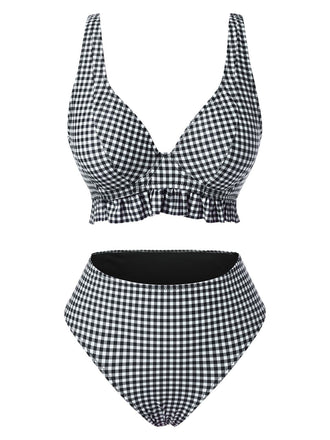 Schwarz 1950er Plaid Tief V-Ausschnitt Rüschen Bikini Set
