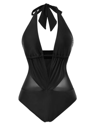 Schwarz 1960er Solide Tief V-Ausschnitt Durchsichtig Badeanzug