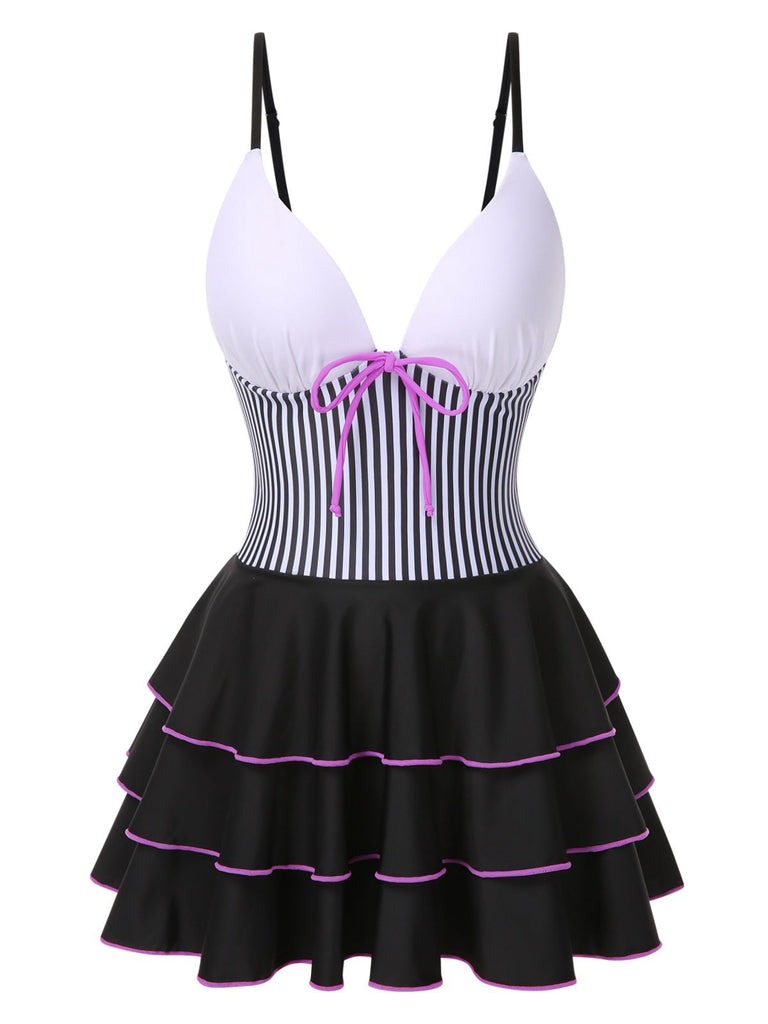 1940er Streifen Patchwork Mehrlagiger Saum Swim Kleid