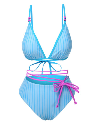 Himmelblau 1960er Streifen Schnürung Bogen Bikini Set
