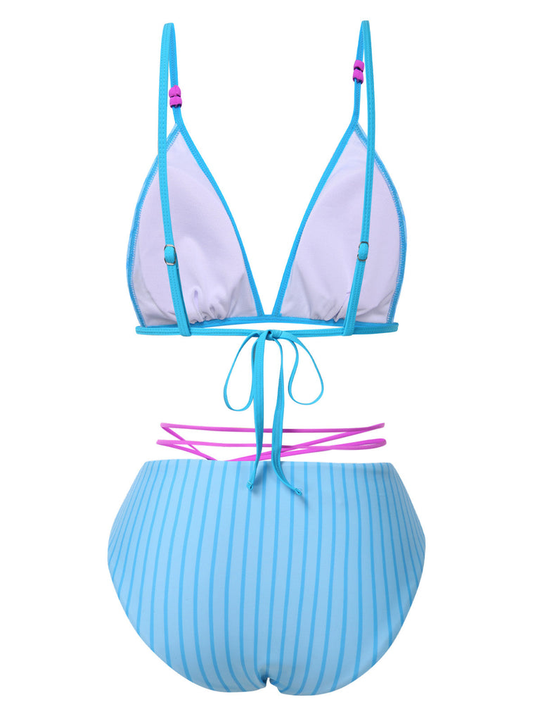 Himmelblau 1960er Streifen Schnürung Bogen Bikini Set