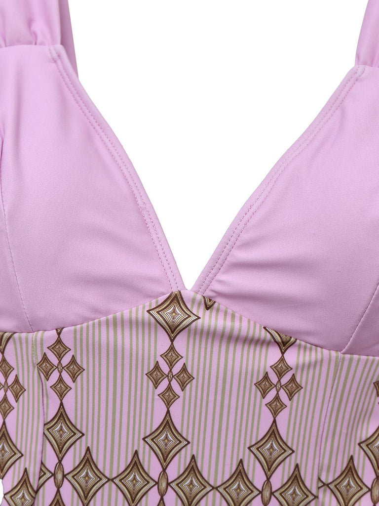 Rosaviolett 1940er Breite Träger Geometrisch Badekleid