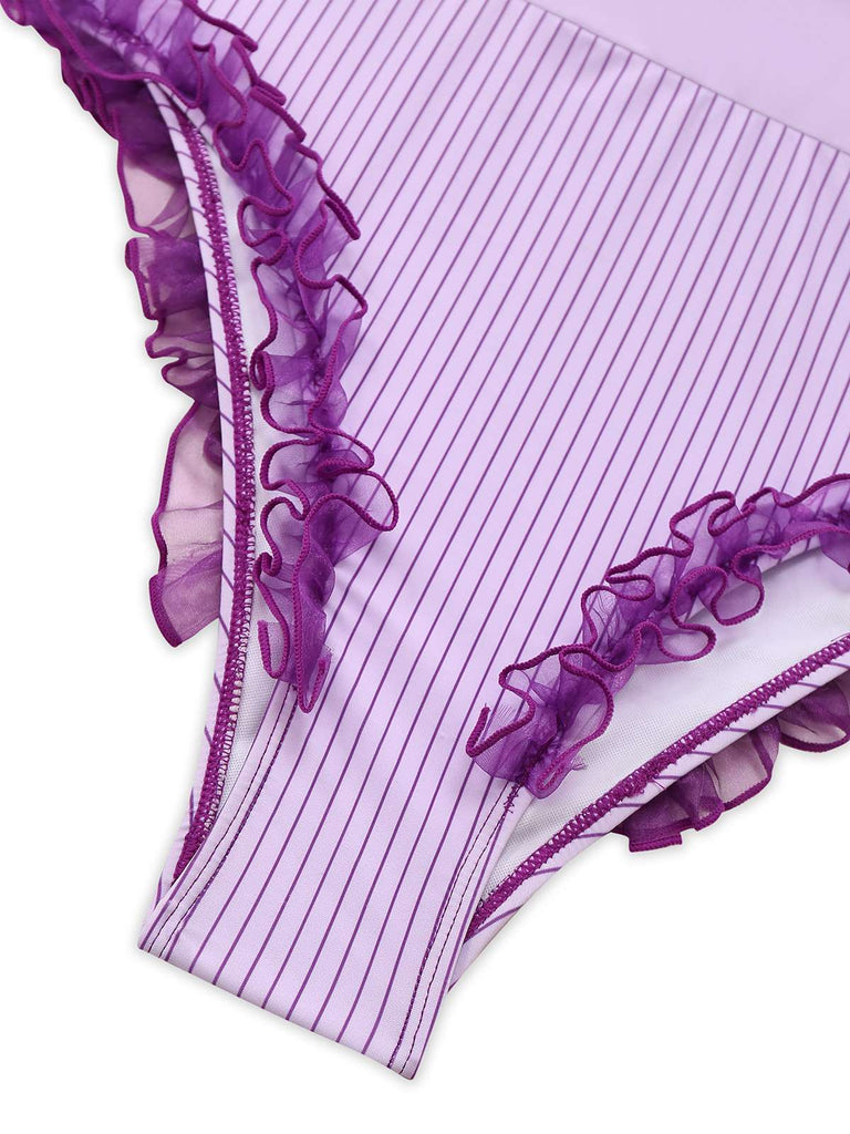 Lavendel 1950er Streifen Netz Rüschen Badeanzug