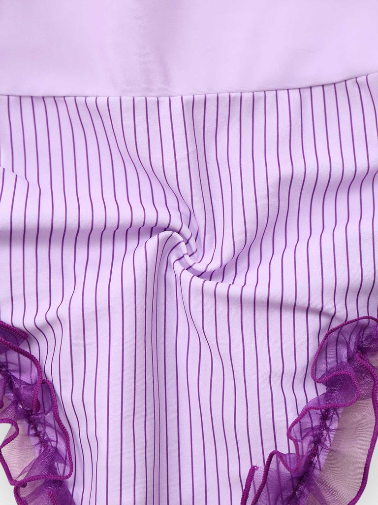 Lavendel 1950er Streifen Netz Rüschen Badeanzug